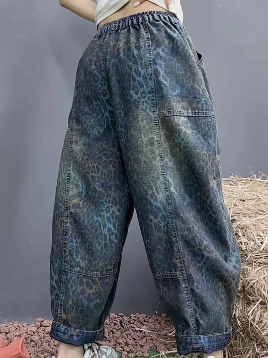 Amax luluE Summer Leopard Streetwear Womens Printed Fashion Jeans Loose Vintage Denim Pants Ladies Classic Casual Harem Trousers