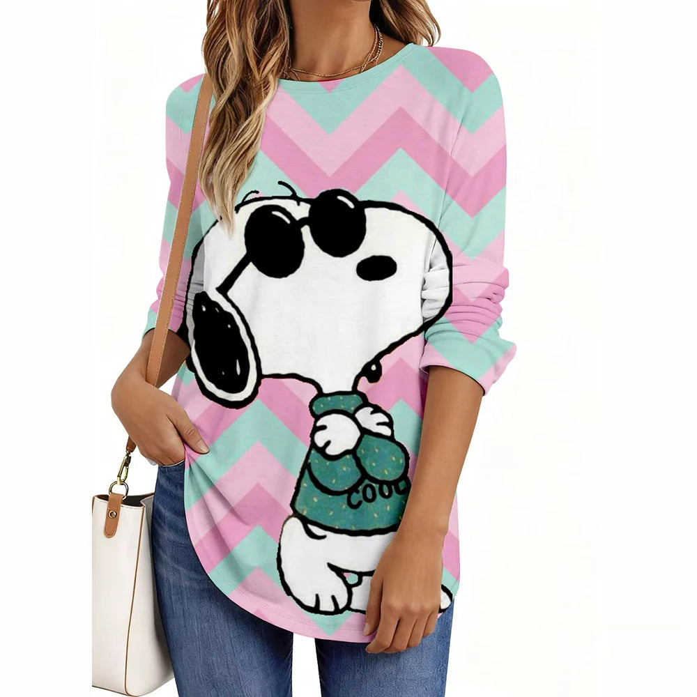 Fashion Snoopy Cartoon Series Women O-Neck Long Sleeve T-Shirt Casual Polyester Breathable Women's Clothing Apparel Tops Tees