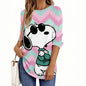 Maglietta da donna con scollo a V e maniche lunghe, casual, in poliestere traspirante, per abbigliamento da donna, top e t-shirt, serie di cartoni animati Snoopy