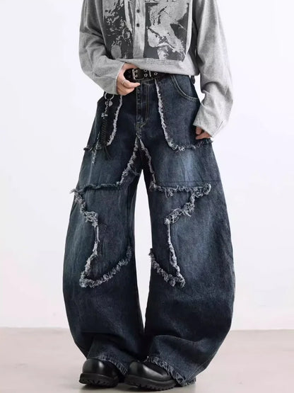 2025 Cyber Y2K Streetwear Star Patchwork Distressed Blue Baggy Jeans Pants For Women Clothing Wide Leg Old Lady Denim Trousers