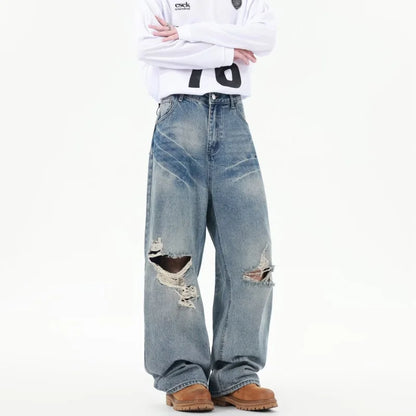 2025 Ropa Y2K Streetwear Washed Blue Baggy Ripped New Jeans Pants For Women Clothing Korean Casual Summer Lady Denim Trousers