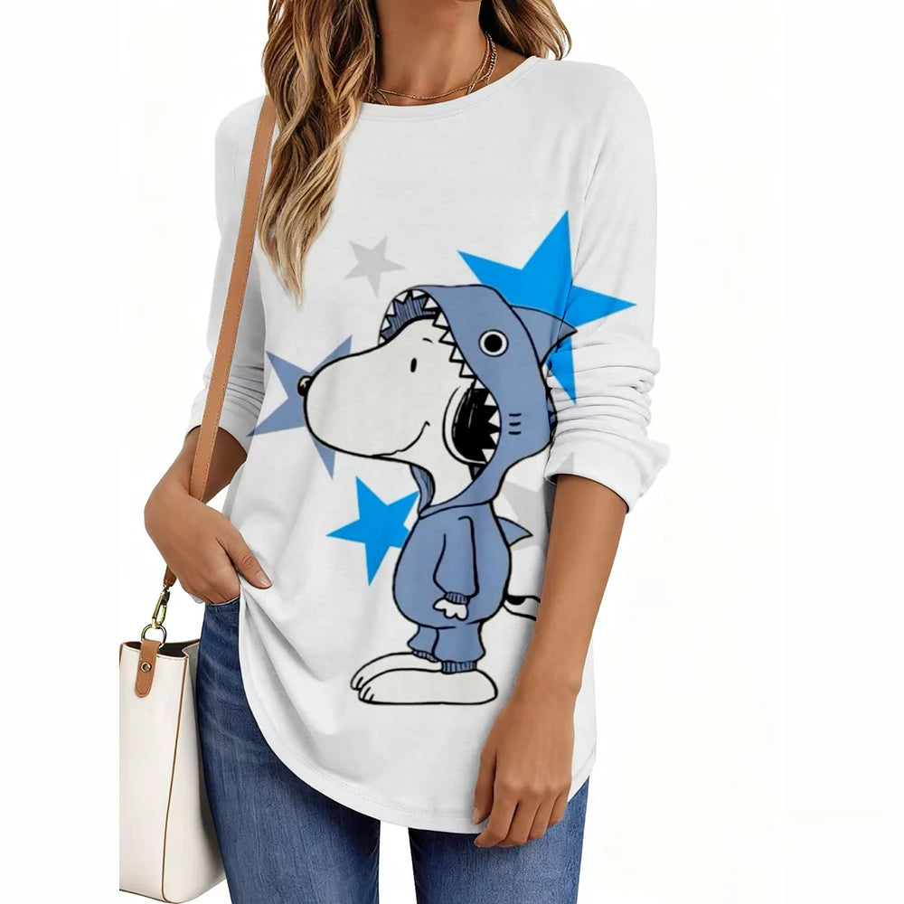 Fashion Snoopy Cartoon Series Women O-Neck Long Sleeve T-Shirt Casual Polyester Breathable Women's Clothing Apparel Tops Tees