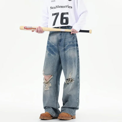 2025 Ropa Y2K Streetwear Washed Blue Baggy Ripped New Jeans Pants For Women Clothing Korean Casual Summer Lady Denim Trousers