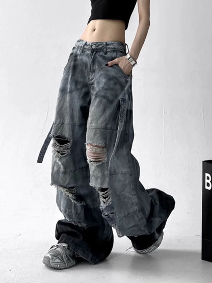 Jeans Donna Bianchi Strappati Grunge - Pantaloni Baggy Y2K Cyber Gamba Larga Effetto Vissuto