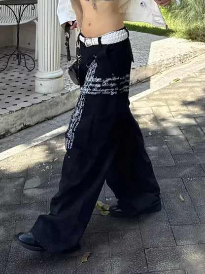 Pantaloni cargo larghi neri con stampa di lettere Cyber Y2K alla moda 2025 per donna, abbigliamento dritto in cotone, pantaloni lunghi, Ropa Mujer