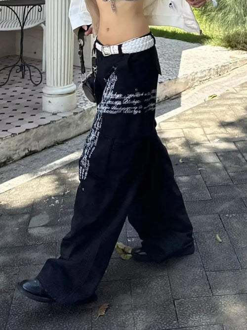 Pantaloni cargo larghi neri con stampa di lettere Cyber Y2K alla moda 2025 per donna, abbigliamento dritto in cotone, pantaloni lunghi, Ropa Mujer