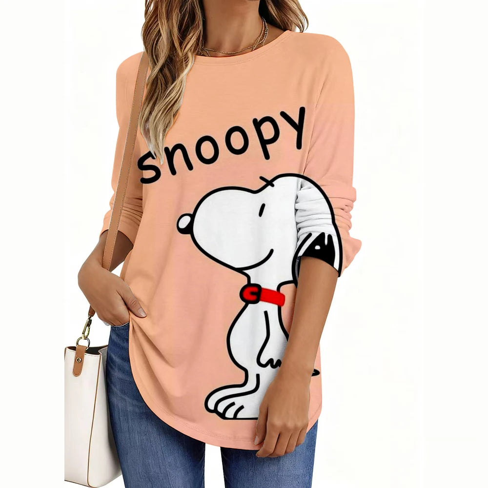 Fashion Snoopy Cartoon Series Women O-Neck Long Sleeve T-Shirt Casual Polyester Breathable Women's Clothing Apparel Tops Tees