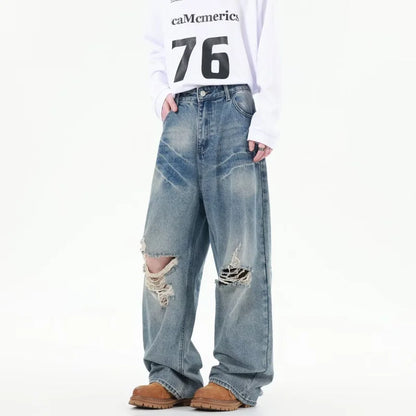 2025 Ropa Y2K Streetwear Washed Blue Baggy Ripped New Jeans Pants For Women Clothing Korean Casual Summer Lady Denim Trousers