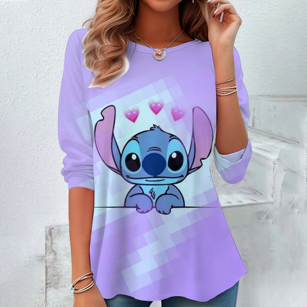 Fashion Vintage Disney Lilo & Stitch Pattern Women O-Neck Long Sleeve T-Shirt Casual Breathable Women's Clothing Apparel Tops Te