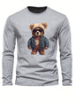 100 cotton men's casual long sleeved round neck loose bear pattern printed autumn and winter T-shirt top versatile