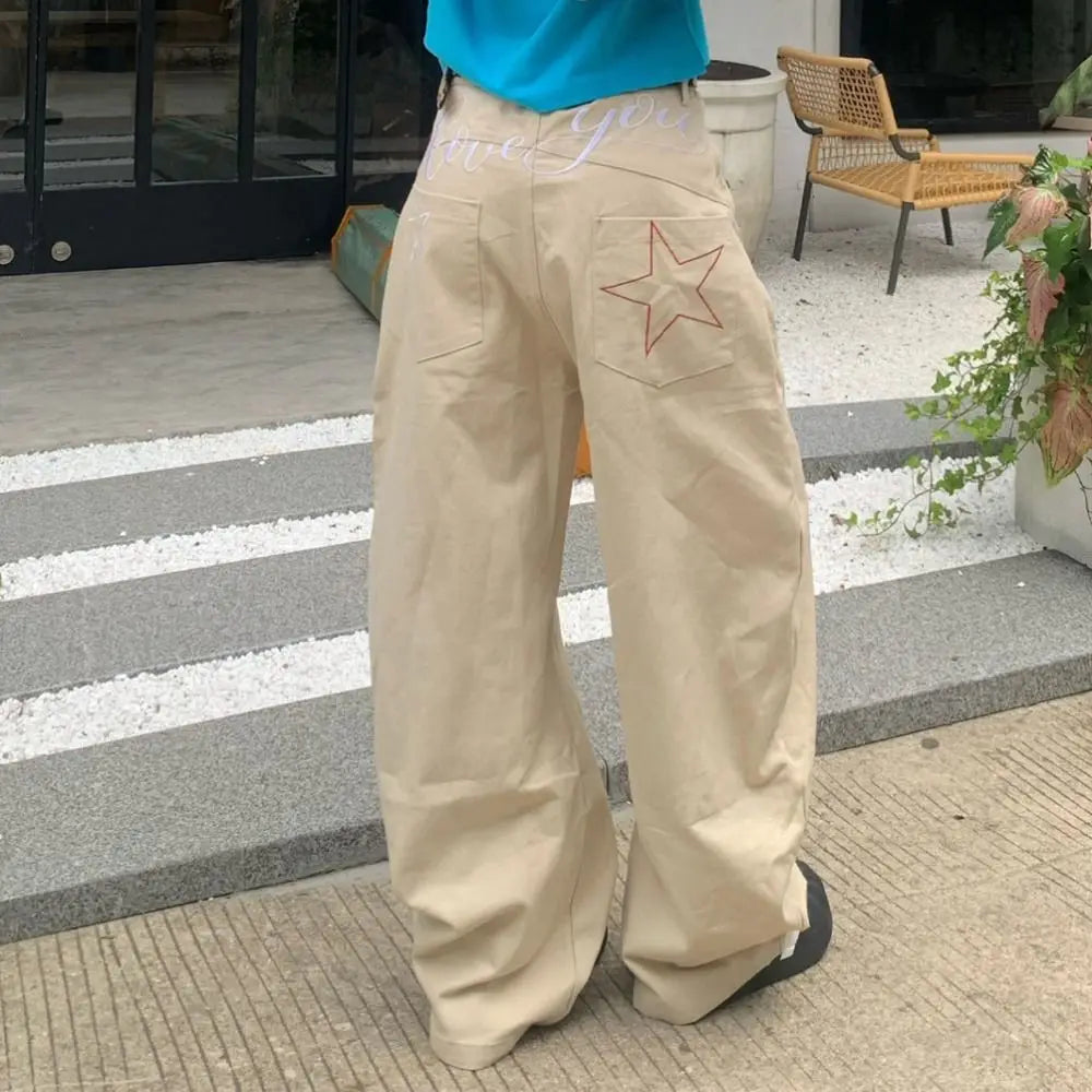 Fashion High Waist Denim Jeans Baggy Loose Star Jeans Women Y2k Retro Wide Leg Casual Pants Lady