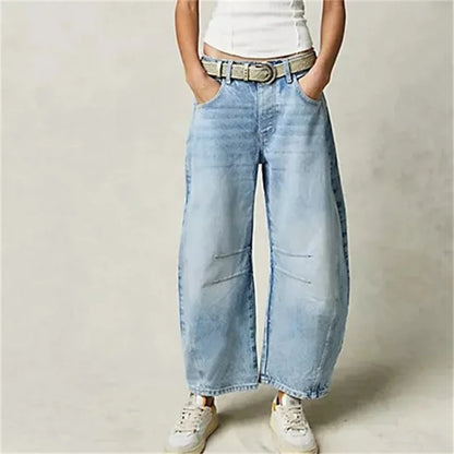 Jeans in denim stile americano vintage da donna, nuovi pantaloni dritti con cuciture al ginocchio, pantaloni casual larghi a vita media da pendolare