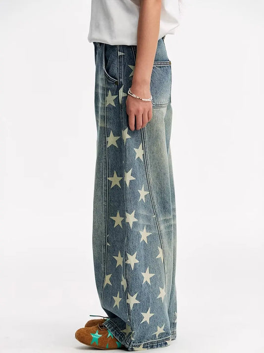 Women's Blue Star Casual Jeans Cargo Baggy Y2K Japanese Harajuku High Street Aesthetic 2000S Style Vintage Pants Jeans Clothing