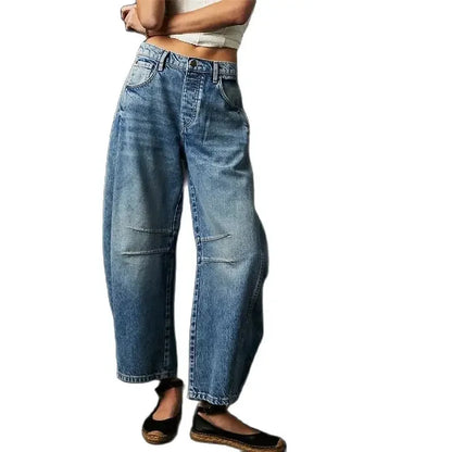 Jeans in denim stile americano vintage da donna, nuovi pantaloni dritti con cuciture al ginocchio, pantaloni casual larghi a vita media da pendolare