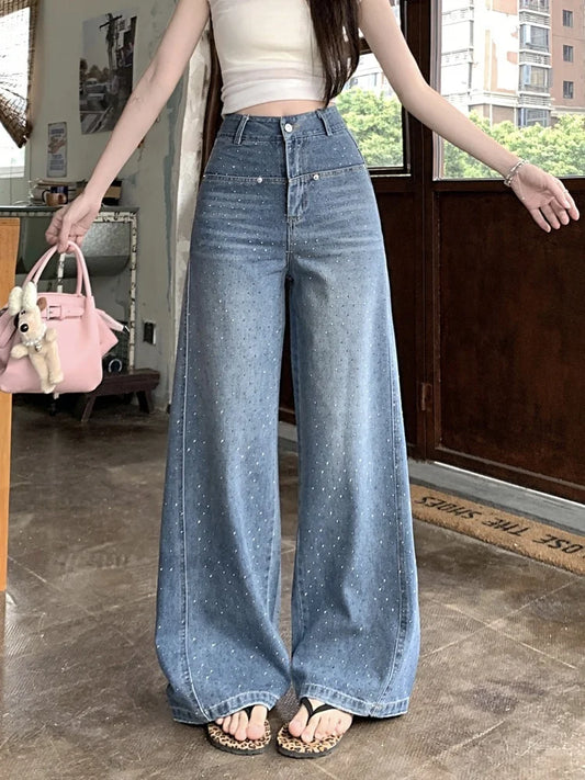 Jeans Donna Baggy Blu con Strass - Pantaloni Denim Y2K Gamba Larga Fashion 2025