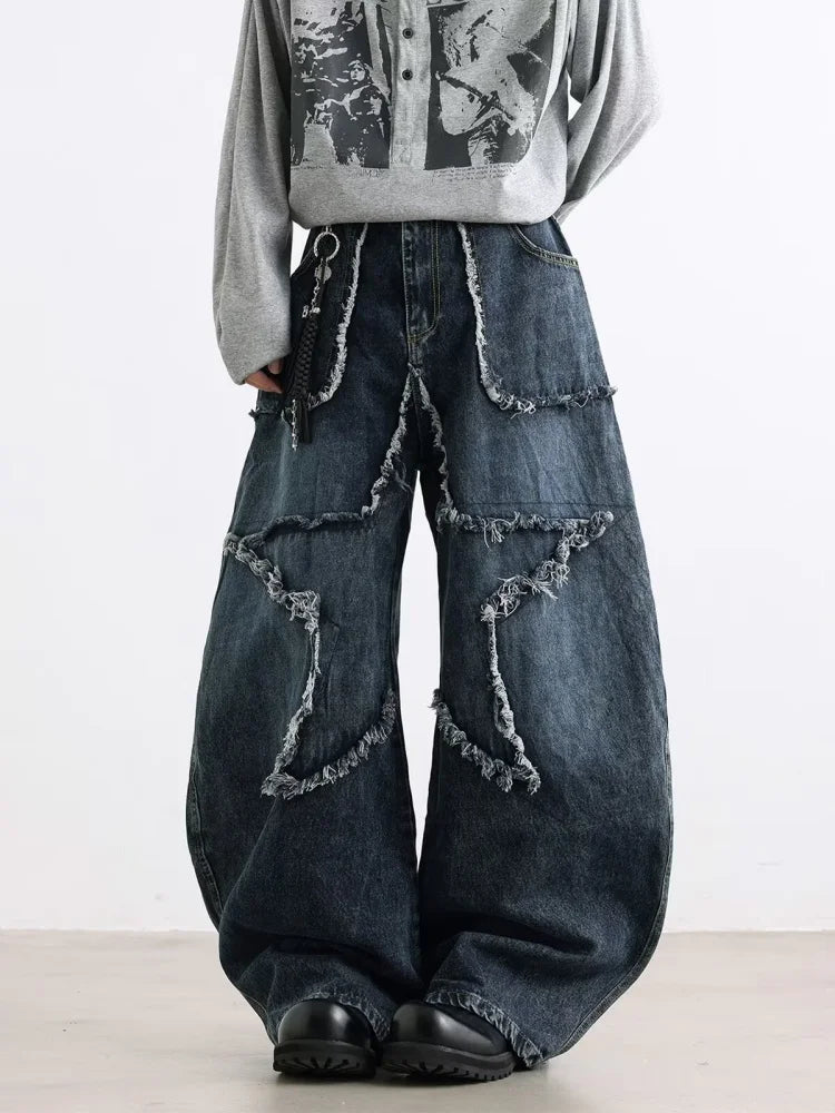 2025 Cyber Y2K Streetwear Star Patchwork Distressed Blue Baggy Jeans Pants For Women Clothing Wide Leg Old Lady Denim Trousers