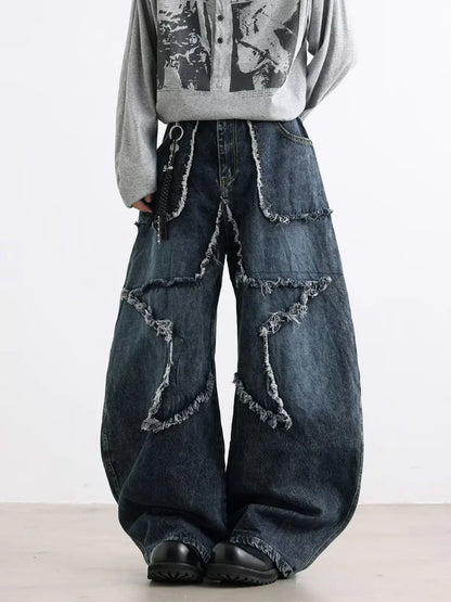 2025 Cyber Y2K Streetwear Star Patchwork Distressed Blue Baggy Jeans Pants For Women Clothing Wide Leg Old Lady Denim Trousers