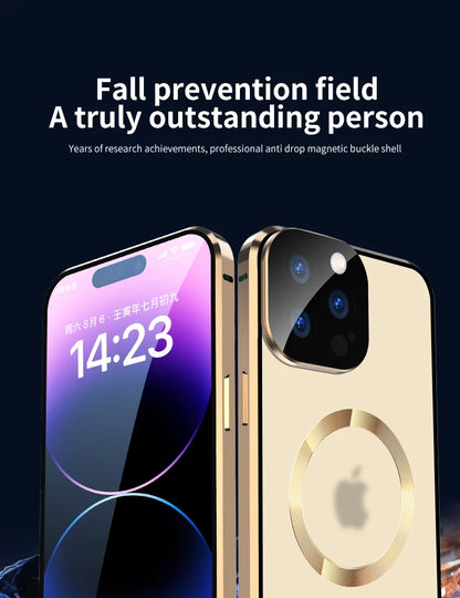 360 ° Protezione completa Magsafe Custodia per telefono con chiusura a scatto in vetro magnetico a doppia faccia in metallo per iPhone 15 Pro Max 13 12 14 Pro Max Cover