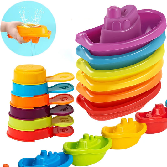 Giocattoli da bagnetto per bambini, giocattoli per barche e cucchiai impilabili, regalo per l'intelligenza dell'educazione precoce, giocattolo per bambini con torre pieghevole a tazza impilata color arcobaleno