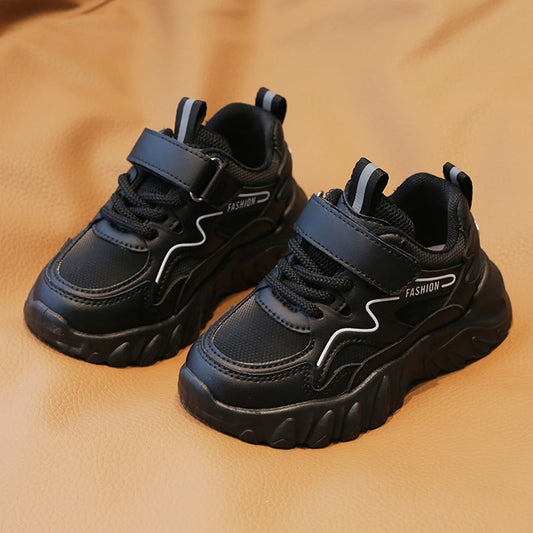 Comode scarpe da ginnastica per bambini e bambine, completamente nere, con suola spessa, stile Dad Shoes, in rete traspirante, con chiusura a strappo, resistenti all'usura, leggere, con grip migliorato, per la primavera e l'a