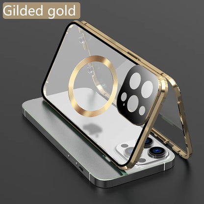 360 ° Protezione completa Magsafe Custodia per telefono con chiusura a scatto in vetro magnetico a doppia faccia in metallo per iPhone 15 Pro Max 13 12 14 Pro Max Cover