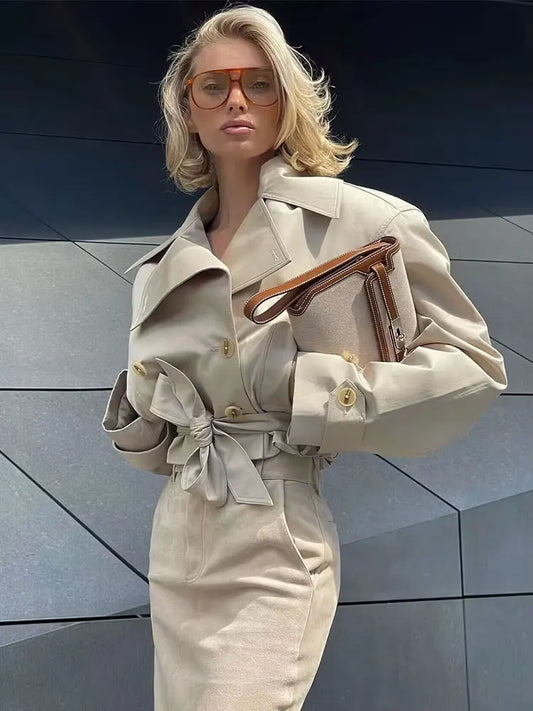 HH 2025 Primavera Retro Scollo a V Doppio Petto Tasca da Donna Top Giacca Allentata da Donna Street Casual Lace-up Trench Corto