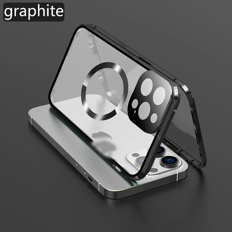 360 ° Protezione completa Magsafe Custodia per telefono con chiusura a scatto in vetro magnetico a doppia faccia in metallo per iPhone 15 Pro Max 13 12 14 Pro Max Cover