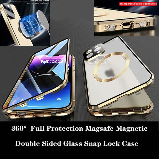 360 ° Protezione completa Magsafe Custodia per telefono con chiusura a scatto in vetro magnetico a doppia faccia in metallo per iPhone 15 Pro Max 13 12 14 Pro Max Cover