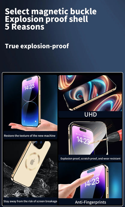 360 ° Protezione completa Magsafe Custodia per telefono con chiusura a scatto in vetro magnetico a doppia faccia in metallo per iPhone 15 Pro Max 13 12 14 Pro Max Cover