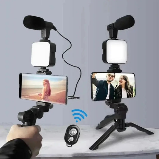 Kit per vlogging per smartphone con supporto per telefono treppiede Mini microfono Avviatore per luce di riempimento a LED per TikTok Live Stream Video YouTube