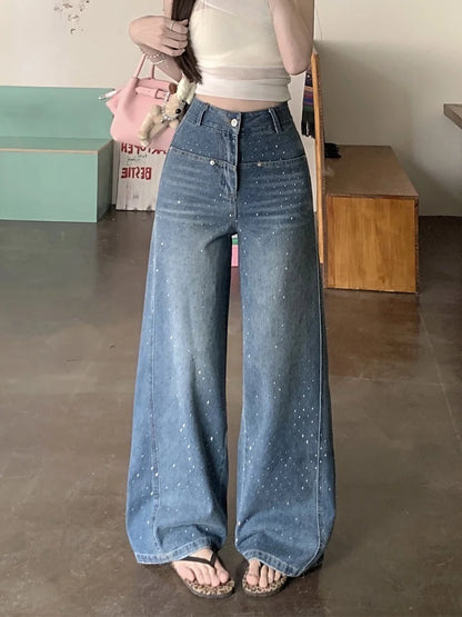 Jeans Donna Baggy Blu con Strass - Pantaloni Denim Y2K Gamba Larga Fashion 2025