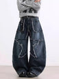 2025 Cyber Y2K Streetwear Star Patchwork Distressed Blue Baggy Jeans Pants For Women Clothing Wide Leg Old Lady Denim Trousers