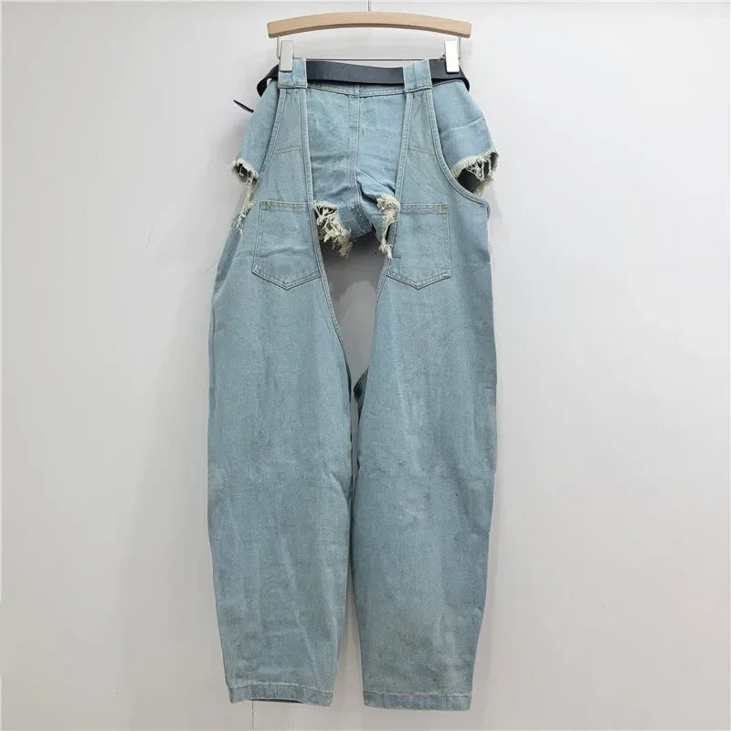2025 New Autumn Fashion Women's Clothing Ripped Belt Jeans Splicing Low Waist Shorts Two-piece Set Women's baggy jeans Y2K