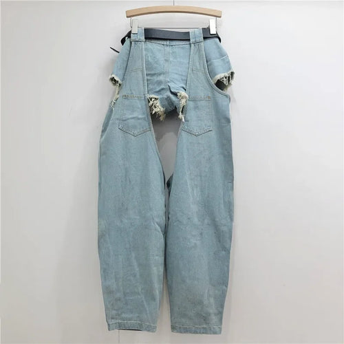 2025 New Autumn Fashion Women's Clothing Ripped Belt Jeans Splicing Low Waist Shorts Two-piece Set Women's baggy jeans Y2K