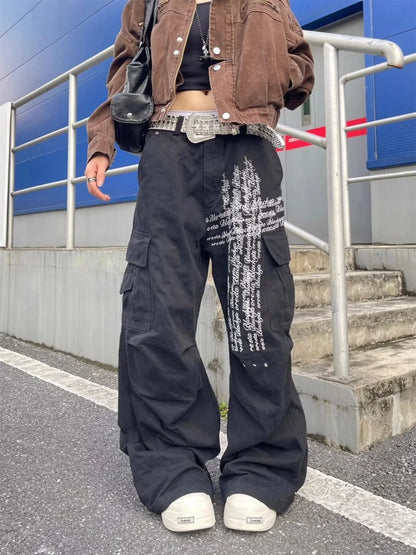 Pantaloni cargo larghi neri con stampa di lettere Cyber Y2K alla moda 2025 per donna, abbigliamento dritto in cotone, pantaloni lunghi, Ropa Mujer
