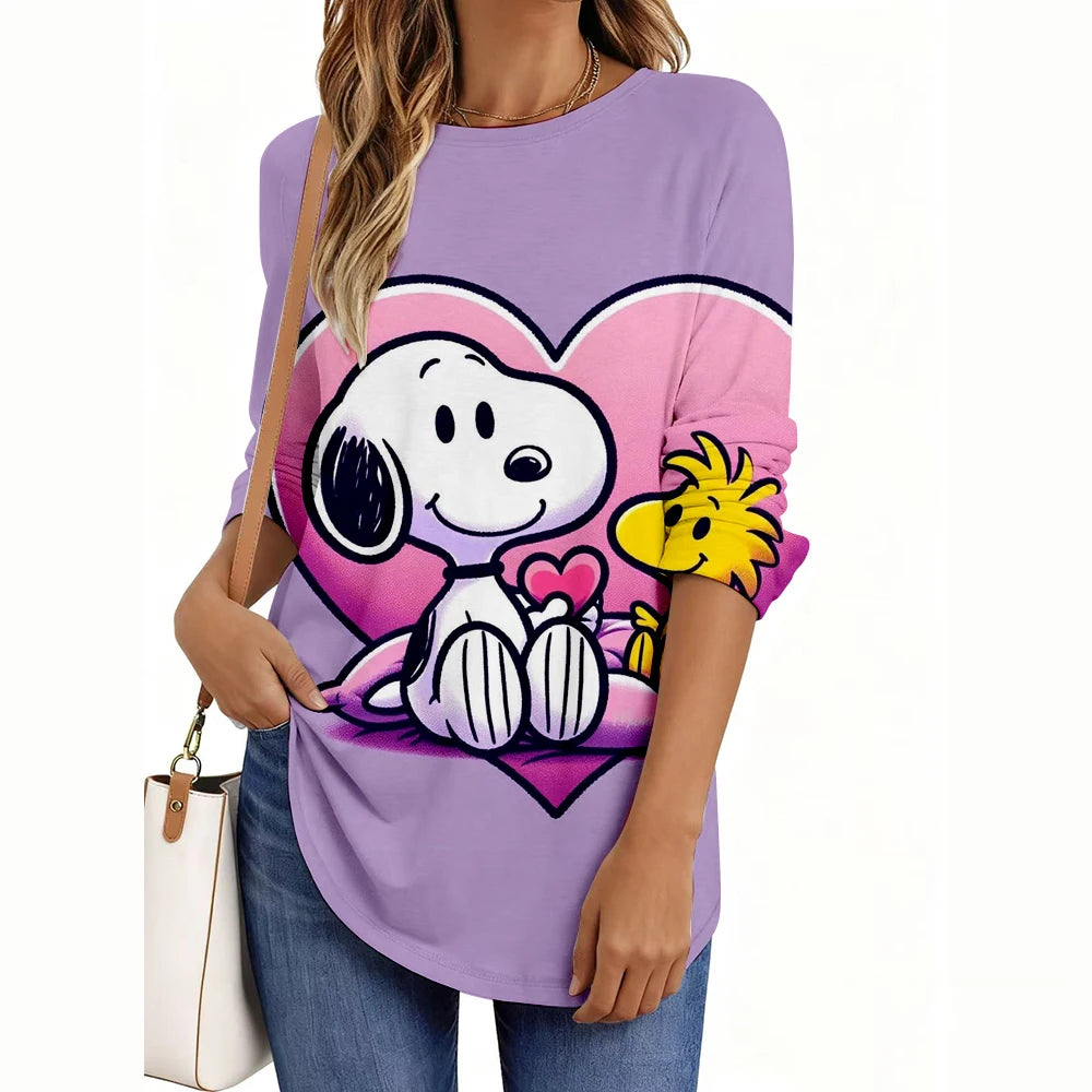 Fashion Snoopy Cartoon Series Women O-Neck Long Sleeve T-Shirt Casual Polyester Breathable Women's Clothing Apparel Tops Tees