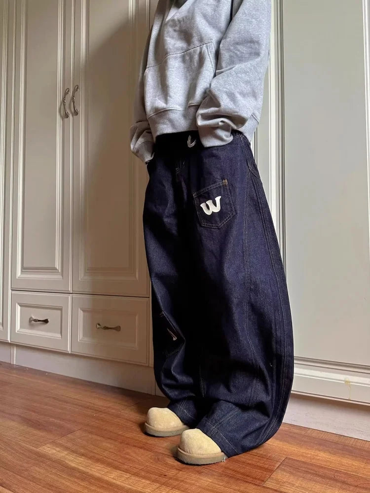 2025 Cyber Y2K Fashion Letter Print Dark Blue Baggy Jeans Pants For Women Clothing Wide Leg Hip Hop Straight Lady Denim Trousers