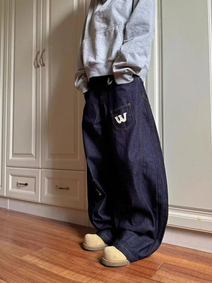 2025 Cyber Y2K Fashion Letter Print Dark Blue Baggy Jeans Pants For Women Clothing Wide Leg Hip Hop Straight Lady Denim Trousers