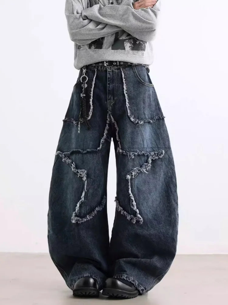 2025 Cyber Y2K Streetwear Star Patchwork Distressed Blue Baggy Jeans Pants For Women Clothing Wide Leg Old Lady Denim Trousers