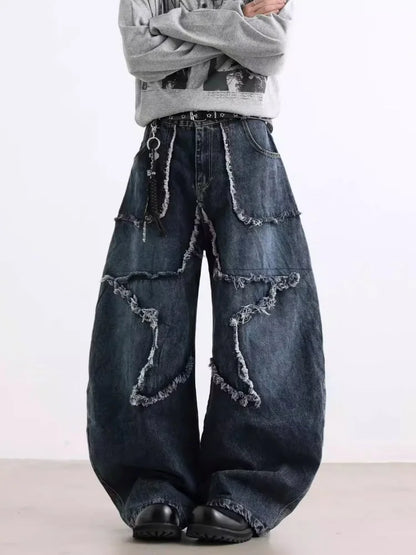 2025 Cyber Y2K Streetwear Star Patchwork Distressed Blue Baggy Jeans Pants For Women Clothing Wide Leg Old Lady Denim Trousers