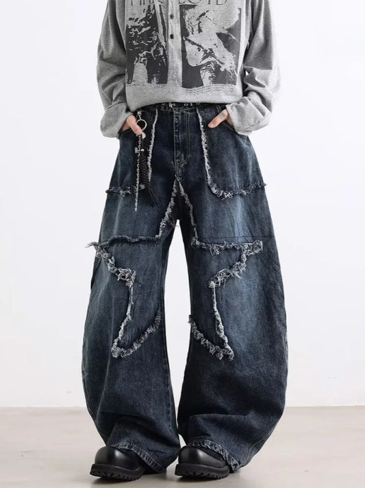 2025 Cyber Y2K Streetwear Star Patchwork Distressed Blue Baggy Jeans Pants For Women Clothing Wide Leg Old Lady Denim Trousers