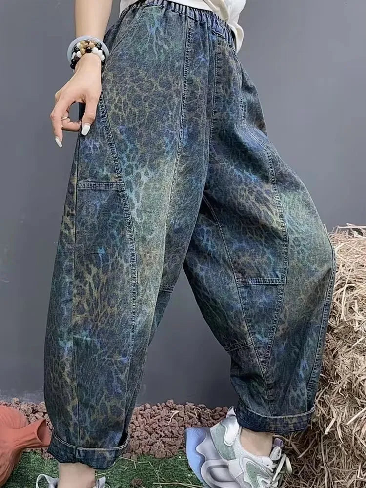 Amax luluE Summer Leopard Streetwear Womens Printed Fashion Jeans Loose Vintage Denim Pants Ladies Classic Casual Harem Trousers