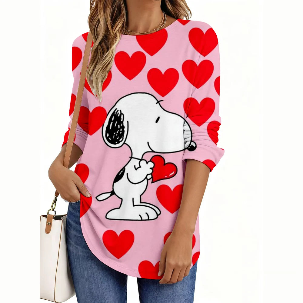 Fashion Snoopy Cartoon Series Women O-Neck Long Sleeve T-Shirt Casual Polyester Breathable Women's Clothing Apparel Tops Tees
