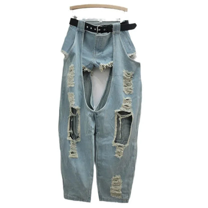 2025 New Autumn Fashion Women's Clothing Ripped Belt Jeans Splicing Low Waist Shorts Two-piece Set Women's baggy jeans Y2K
