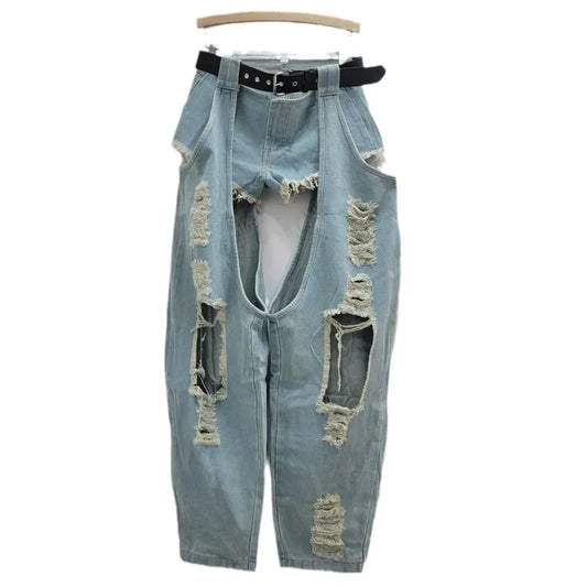 2025 New Autumn Fashion Women's Clothing Ripped Belt Jeans Splicing Low Waist Shorts Two-piece Set Women's baggy jeans Y2K