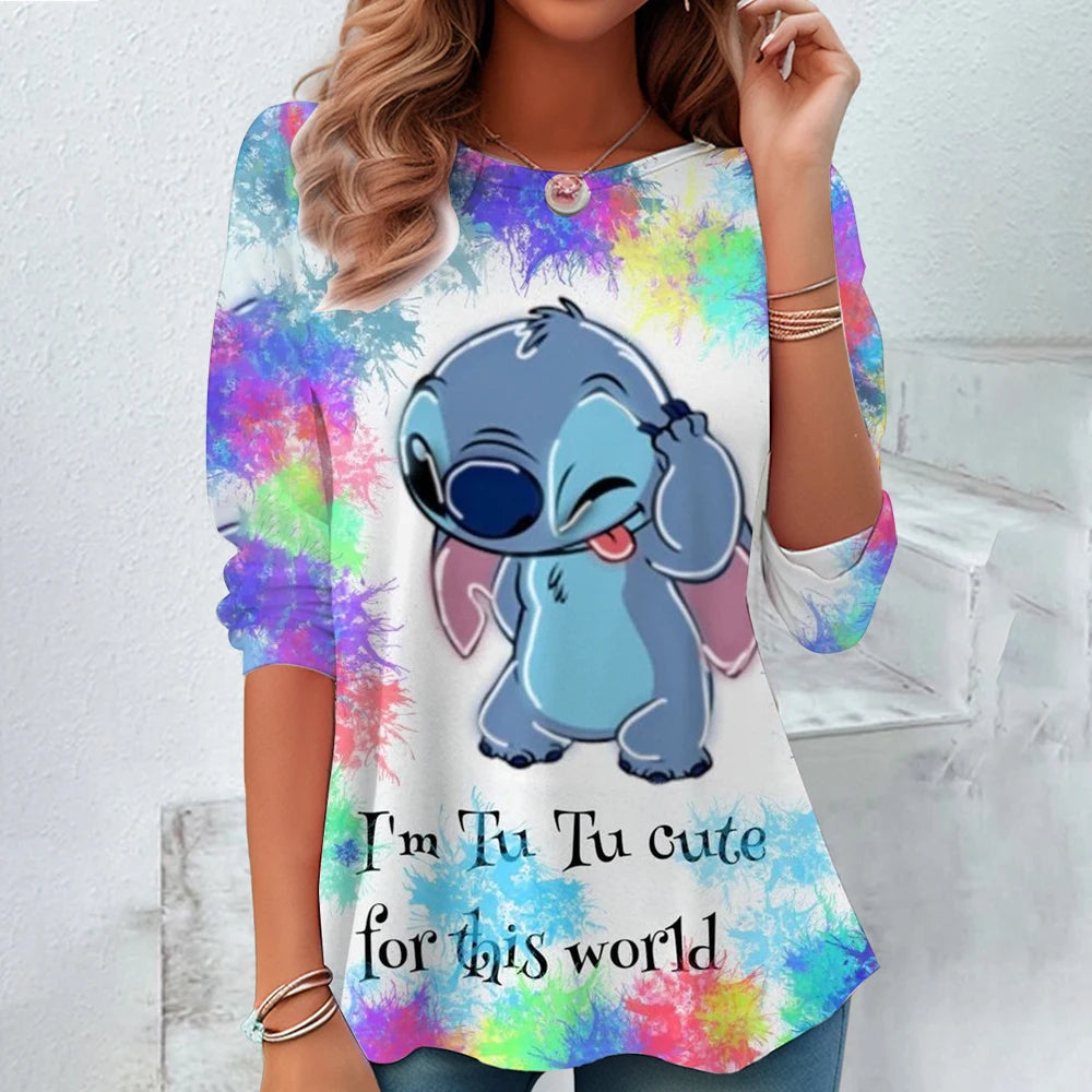 Fashion Vintage Disney Lilo & Stitch Pattern Women O-Neck Long Sleeve T-Shirt Casual Breathable Women's Clothing Apparel Tops Te