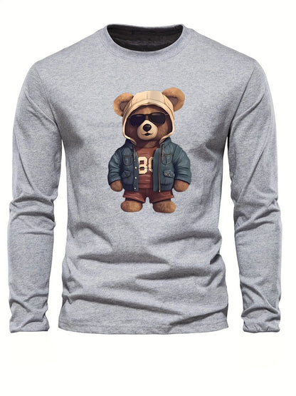 100 cotton men's casual long sleeved round neck loose bear pattern printed autumn and winter T-shirt top versatile