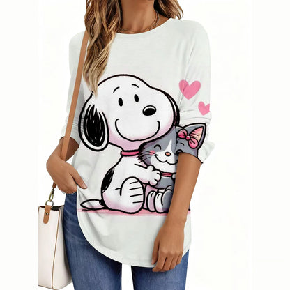 Fashion Snoopy Cartoon Series Women O-Neck Long Sleeve T-Shirt Casual Polyester Breathable Women's Clothing Apparel Tops Tees