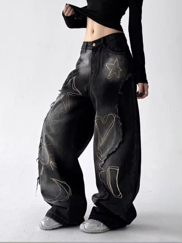 2025 Grunge Y2K Streetwear Vintage Blue Baggy Stacked Cargo Jeans Pants For Women Clothing Wide Leg New Rock Lady Denim Trousers