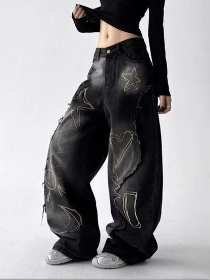 2025 Grunge Y2K Streetwear Vintage Blue Baggy Stacked Cargo Jeans Pants For Women Clothing Wide Leg New Rock Lady Denim Trousers